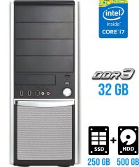 Игровой ПК Gigabyte Tower / Intel Core i7-4790 (4 (8) ядра по 3.6 - 4.0 GHz) / 32 GB DDR3 / 250 GB SSD + 500 GB HDD / nVidia GeForce GTX 1070, 8 GB GDDR5, 256-bit / 1000W / DVD-RW