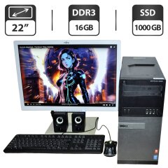 Комплект ПК: Б-класс Dell OptiPlex 9020 Tower / Intel Core i5-4590 (4 ядра по 3.3 - 3.7 GHz) / 16 GB DDR3 / 1000 GB SSD / Intel HD Graphics 4600 + Монитор Fujitsu B22W-7 / 22" (1680x1050) TN + Клавиатура, мышка, колонки, Wi-Fi адаптер, кабели