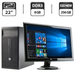 Комплект ПК: HP 280 G1 Tower / Intel Core i3-4130 (2 (4) ядра по 3.4 GHz) / 8 GB DDR3 / 256 GB SSD NEW / Intel HD Graphics 4400 + Монітор Б-клас 22" (1680x1050) TN / DVI / Різні бренди + Клавіатура, мишка, кабелі, Windows 10 Pro