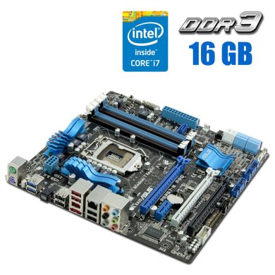 Комплект: материнская плата Asus P8P67-M Pro (rev 3.0) / LGA1155 / Intel Core i7-2600 (4 (8) ядра по 3.4 - 3.8 GHz) / 16 GB DDR3 / Intel HD Graphics 2000 + Кулер