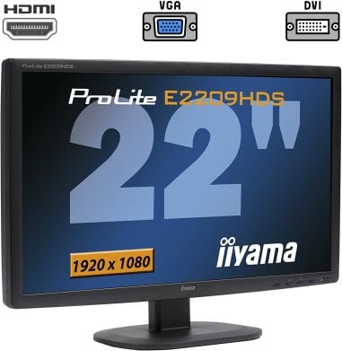 Монітор Iiyama ProLite E2209HDS / 22" (1920x1080) TN / VGA, DVI, HDMI, Audio / Вбудовані колонки 2x 2W / VESA 100x100 Монітор Iiyama ProLite E2209HDS / 22" (1920x1080) TN / VGA, DVI, HDMI, Audio / Вбудовані колонки 2x 2W / VESA 100x100