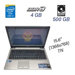 Ноутбук Б клас Asus A53E / 15.6" (1366x768) TN / Intel Core i3-2350M (2 (4) ядра по 2.3 GHz) / 4 GB DDR3 / 500 GB HDD / WebCam / DVD-ROM / USB 3.0 / HDMI
