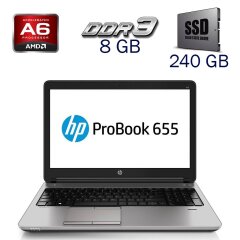 Ноутбук Б-клас HP ProBook 655 G1 / 15.6" (1366x768) TN / AMD A6-5350M (2 ядра по 2.9 - 3.5 GHz) / 8 GB DDR3 / 240 GB SSD / AMD Radeon HD 8450G / WebCam / Windows 10 RPO Lic