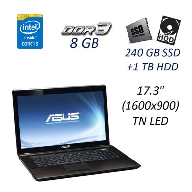 Ноутбук Asus K73SV / 17.3" (1600x900) TN / Intel Core i5-2430M (2 (4) ядра по 2.4 - 3.0 GHz) / 8 GB DDR3 / 240 GB SSD + 1000 GB HDD / nVidia GeForce GT 540M, 1 GB DDR3, 128-bit / WebCam / DVD-RW / HDMI