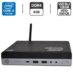 Неттоп HP EliteDesk 800 G3 Desktop Mini USFF / Intel Core i5-7500T (4 ядра по 2.7 - 3.3 GHz) / 8 GB DDR4 / 128 GB SSD M.2 + 500 GB HDD / Intel UHD Graphics 630 / Wi-Fi / Bluetooth / Windows 11 Pro / Блок питания