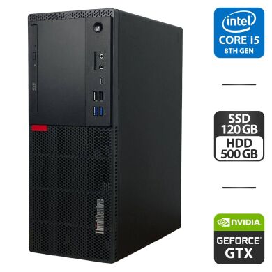 Робоча станція Lenovo ThinkCentre M720t Tower / Intel Core i5-8400 (6 ядер по 2.8 - 4.0 GHz) / 16 GB DDR4 / 120 GB SSD + 500 GB HDD / nVidia GeForce GTX 1050 Ti, 4 GB GDDR5, 128-bit / DVD-ROM / HDMI