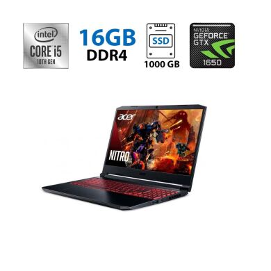 Ігровий ноутбук Acer Nitro 5 AN515-65-53AG / 15.6" (1920x1080) IPS / Intel Core i5-10300H (4 (8) ядра по 2.5 - 4.5 GHz) / 16 GB DDR4 / 1000 GB SSD / nVidia GeForce GTX 1650, 4GB GDDR6, 128-bit / WebCam
