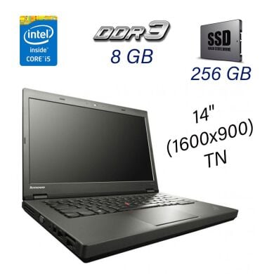 Ноутбук Lenovo ThinkPad T440p / 14" (1600x900) TN / Intel Core i5-4300M (2 (4) ядра по 2.6 - 3.3 GHz) / 8 GB DDR3 / 256 GB SSD / WebCam / DVD-ROM Ноутбук Lenovo ThinkPad T440p / 14" (1600x900) TN / Intel Core i5-4300M (2 (4) ядра по 2.6 - 3.3 GHz) / 8 GB DDR3 / 256 GB SSD / WebCam / DVD-ROM