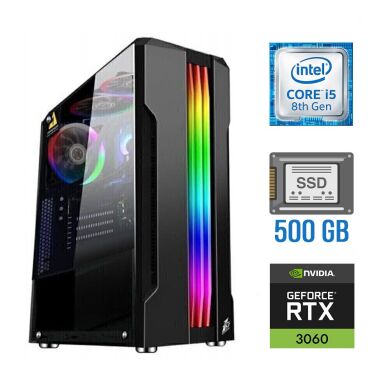 Игровой ПК Tower / Intel Core i5-8500 (6 ядер по 3.0 - 4.1 GHz) / 16 GB DDR4 / 500 GB SSD / nVidia GeForce RTX 3060, 12 GB GDDR6, 192-bit / 500W