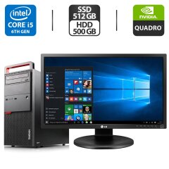 Комплект: Lenovo ThinkCentre M800 Tower / Intel Core i5-6500T (4 ядра по 2.5 - 3.1 GHz) / 16 GB DDR4 / 512 GB SSD + 500 GB HDD / nVidia Quadro P2000, 5 GB GDDR5, 160-bit / DVD-ROM + Монітор LG 24MB37PM-B / 24" (1920x1080) IPS