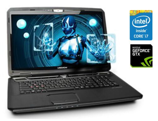 Ігровий ноутбук Medion Erazer X7815 / 17.3" (1920x1080) IPS / Intel Core i7-2630QM (4 (8) ядра по 2.0 - 2.9 GHz) / 8 GB DDR3 / 120 GB SSD + 500 GB HDD / nVidia GeForce GTX 670M, 1.5 GB GDDR5, 192-bit / WebCam / DVD-ROM / Win 10