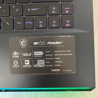Ігровий ноутбук MSI GE66 Raider 10SFS / 15.6" (1920x1080) IPS / Intel Core i7-10750H (6 (12) ядер по 2.6 - 5.0 GHz) / 32 GB DDR4 / 1000 GB SSD NVMe / nVidia GeForce RTX 2070 Super, 8 GB GDDR6, 256-bit / WebCam