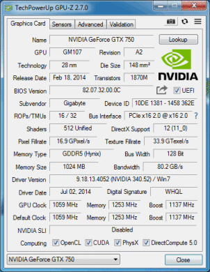 Дискретная видеокарта nVidia GeForce Gigabyte GTX 750, 1 GB GDDR5, 128-bit