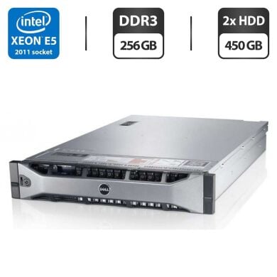 Сервер Dell PowerEdge R720 2U Rack / 2x Intel Xeon E5-2660 v2 (10 (20) ядер по 2.2 - 3.0 GHz) / 256 GB DDR3 / 2x 450 GB HDD (SAS) / iRMC S3 Graphics / Два блока питания 750W