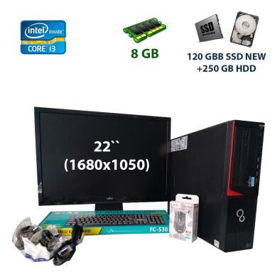 Комплект: Fujitsu Esprimo E720 SFF / Intel Core i3-4130 (2 (4) ядра по 3.40 GHz) / 8 GB DDR3 / 120 GB SSD NEW+250 GB HDD + Монитор Fujitsu SL3220W  / 22" (1680x1050) + Клавиатура + Мышь + Кабеля