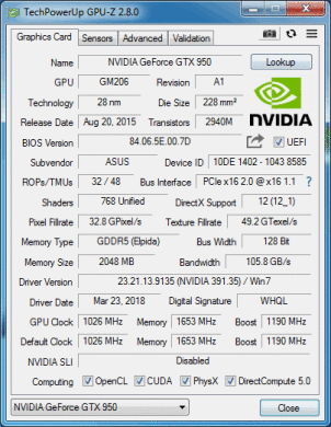 Дискретная видеокарта nVidia GeForce Asus GTX 950, 2 GB GDDR5, 128-bit