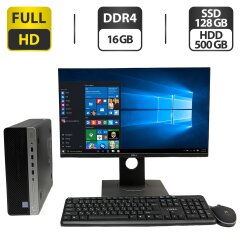 Комплект ПК: компьютер HP ProDesk 600 G3 SFF / Intel Core i3-7100 (2 (4) ядра 3.9 GHz) / 16 GB DDR4 / 128 GB SSD + 500 GB HDD / Intel HD Graphics 630 + Монитор Dell P2419H / 24" (1920x1080) IPS / USB-Hub, VGA + Клавиатура, мышка, кабели