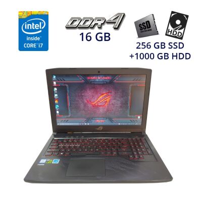 Игровой ноутбук Asus ROG Strix GL503G / 15.6" (1920x1080) TN LED / Intel Core i7-8750H (6 (12) ядер по 2.2 - 4.1 GHz) / 16 GB DDR4 / 256 GB SSD+1000 GB HDD / nVidia GeForce GTX 1050 Ti, 4 GB GDDR5, 128-bit / WebCam / USB 3.0 / HDMI / Thunderbolt / MiniDP Игровой ноутбук Asus ROG Strix GL503G / 15.6" (1920x1080) TN LED / Intel Core i7-8750H (6 (12) ядер по 2.2 - 4.1 GHz) / 16 GB DDR4 / 256 GB SSD+1000 GB HDD / nVidia GeForce GTX 1050 Ti, 4 GB GDDR5, 128-bit / WebCam / USB 3.0 / HDMI / Thunderbolt / MiniDP