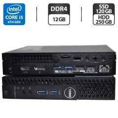 Неттоп Dell OptiPlex 3050 Micro USFF /Intel Core i5-6500T (4 ядра по 2.5 - 3.1 GHz) / 12 GB DDR4 / 120 GB SSD M.2 + 250 GB HDD / Intel UHD Graphics 530 / Windows 11 Pro + Блок живлення / Кабель з HDMI на VGA