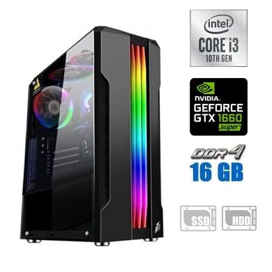 Игровой ПК / Intel Core i3-10100F (4 (8) ядра по 3.6 - 4.3 GHz) / 16 GB DDR4 / 120 GB SSD + 500 GB HDD / nVidia GeForce GTX 1660 Super, 6 GB GDDR6, 192-bit / 500W