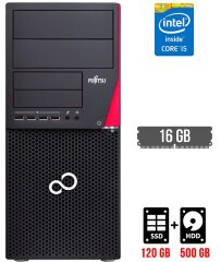 Компьютер Fujitsu Esprimo P720 E90+ Tower / Intel Core i5-4590 (4 ядра по 3.3 - 3.7 GHz) / 16 GB DDR3 / 120 GB SSD + 500 GB HDD / Intel HD Graphics 4600 / DisplayPort / DVI
