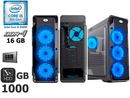 Компьютер GameMax Starlight B-Blue Tower / Intel® Core™ i5-9400F (6 ядер по 2.9GHz - 4.1G Hz) / 16 GB DDR4 / 120 GB SSD / HDD 1000 GB / Gigabyte GeForce GTX 1650 OC 4 GB GDDR5