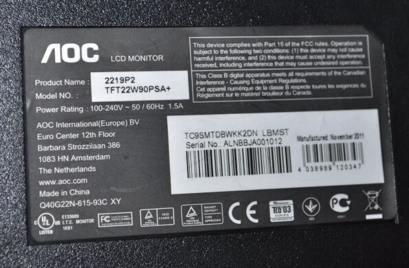 Монітор Б-клас AOC 2219P2 / 22" (1680x1050) TN / VGA, DVI / Вбудовані колонки 2x 1W / VESA 100x100 + Кабелі (VGA та живлення) у комплекті Монітор Б-клас AOC 2219P2 / 22" (1680x1050) TN / VGA, DVI / Вбудовані колонки 2x 1W / VESA 100x100 + Кабелі (VGA та живлення) у комплекті