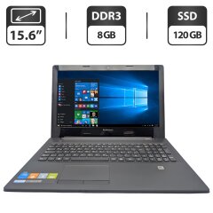 Ноутбук Lenovo G50 / 15.6" (1366x768) TN / Intel Celeron N2830 (2 ядра по 2.16 - 2.41 GHz) / 8 GB DDR3 / 120 GB SSD / Intel HD Graphics / WebCam / DVD-ROM
