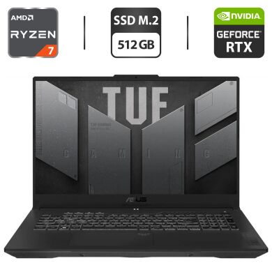 Ігровий ноутбук Б-клас Asus TUF Gaming A17 / 17.3" (1920x1080) IPS / AMD Ryzen 7 6800H (8 (16) ядер по 3.2 - 4.7 GHz) / 16 GB DDR4 / 512 GB SSD M.2 / nVidia GeForce RTX 3050, 4 GB GDDR6, 128-bit / WebCam / Windows 10 ліцензія