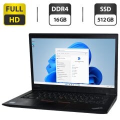 Ультрабук Б-класс Lenovo ThinkPad T470s / 14" (1920x1080) IPS / Intel Core i5-7300U (2 (4) ядра 2.6 - 3.5 GHz) / 16 GB DDR4 / 512 GB SSD / Intel HD Graphics 620 / WebCam / Два АКБ / Windows 11 Pro