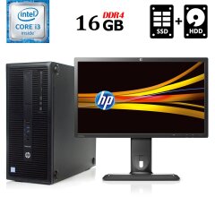 Комплект ПК: HP EliteDesk 800 G2 Tower / Intel Core i3-6100 (2 (4) ядра по 3.7 GHz) / 16 GB DDR4 / 120 GB SSD+500 GB HDD / Intel HD Graphics 530 + Монитор Б-класс HP ZR2240w / 22" (1920x1080) IPS / VGA, DVI, HDMI, DP, USB + Клавиатура и мышка NEW, кабели