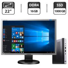Комплект ПК: HP EliteDesk 800 G3 Desktop Mini USFF / Intel Core i5-6500T (4 ядра по 2.5 - 3.1 GHz) / 16 GB DDR4 / 1000 GB SSD / Intel UHD Graphics 630 + Монітор Б-клас 22" (1680x1050) TN / Різні бренди + Мишка, клавіатура, кабелі, блок, Windows 11 Pro
