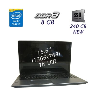 Ноутбук Toshiba Satellite S50-A / 15.6" (1366x768) TN LED / Intel Core i7-4700MQ (4 (8) ядра по 2.4 - 3.4 GHz) / 8 GB DDR3 / 240 GB SSD NEW / nVidia GeForce GT 740M, 2 GB DDR3, 64-bit / WebCam / DVD-RW
