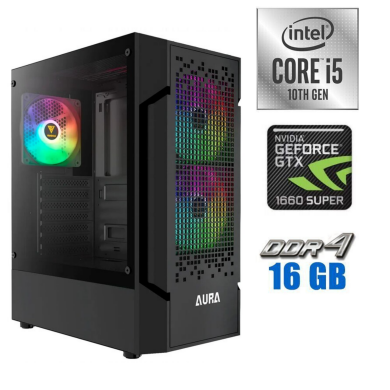 Игровой ПК Gamdias AURA GC7 ARGB Tower / Intel Core i5-10400F (6 (12) ядер по 2.9 - 4.3 GHz) / 16 GB DDR4 / 500 GB SSD M.2 / nVidia GeForce GTX 1660 Super, 6 GB GDDR5, 192-bit / 600W
