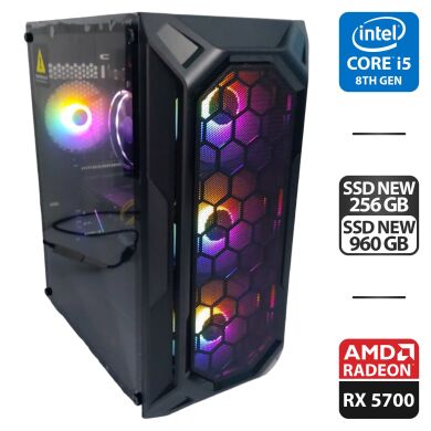 Игровой ПК 1stPlayer FireBase X6 Tower NEW / Intel Core i5-8500 (6 ядер по 3.0 - 4.1 GHz) / 16 GB DDR4 NEW / 256 GB SSD M.2 NEW + 960 GB SSD NEW / AMD Radeon RX 5700, 8 GB GDDR6, 256-bit / HDMI / 1350W + Клавиатура, мышка, кабели в комплекте