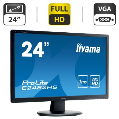 Монитор Iiyama ProLite E2482H / 24" (1920x1080) TN / VGA, DVI / Встроенные колонки 2 x 1W / VESA 100x100 + Кабель питания