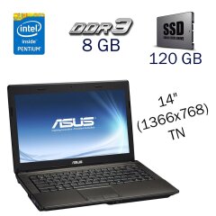 Ноутбук Б клас Asus X44 / 14" (1366x768) TN / Intel Pentium B950 (2 ядра по 2.1 GHz) / 8 GB DDR3 / 120 GB SSD / Intel HD Graphics for 2nd Generation / WebCam / DVD-ROM