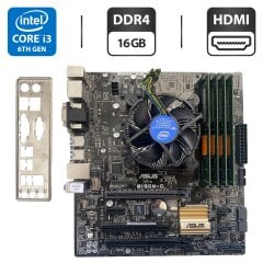 Комплект: Материнська плата Asus B150M-C / Intel Core i3-6100 (2 (4) ядра по 3.7 GHz) / 16 GB DDR4 / Socket LGA 1151 / Задня заглушка