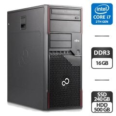 Компьютер Fujitsu Celsius W410 Tower / Intel Core i7-2600 (4 (8) ядра по 3.4 - 3.8 GHz) / 16 GB DDR3 / 240 GB SSD + 500 GB HDD / Intel HD Graphics 2000 / DVD-ROM