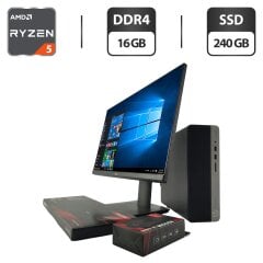 Комплект ПК: комп'ютер HP EliteDesk 705 G4 SFF / AMD Ryzen 5 2400G (4 (8) ядра по 3.6 - 3.9 GHz) / 16 GB DDR4 / 240 GB SSD / AMD Radeon RX Vega 11 Graphics + Монітор Dell P2319H / 23" (1920x1080) IPS / USB-Hub, VGA, HDMI, DisplayPort