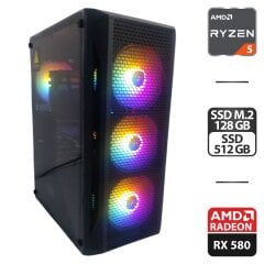 Ігровий ПК 1stPlayer X5 Firebase Tower / AMD Ryzen 5 3600 (6 (12) ядер по 3.6 - 4.2 GHz) / 16 GB DDR4 / 128 GB SSD M.2 + 512 GB SSD / AMD Radeon RX 580, 8 GB GDDR5, 256-bit / 500W + Кабелі DVI та живлення