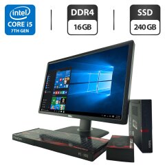 Комплект ПК: неттоп Lenovo ThinkCentre M910q Tiny USFF / Intel Core i5-7500T (4 ядра по 2.7 - 3.3 GHz) / 16 GB DDR4 / 240 GB SSD / Intel HD Graphics 630 + Монітор 24" (1920x1080) TN / Різні бренди