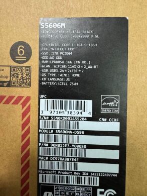 Новый ультрабук Asus Vivobook S 16 (S5606M) / 16" (3200x2000) OLED / Intel Core Ultra 9 185H (16 (22) ядра по 2.3 - 5.1 GHz) / 16 GB DDR5 / 1000 GB SSD M.2 / Intel Arc Graphics / WebCam / HDMI