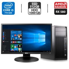 Комплект ПК: HP Z240 Workstation Tower / Intel Core i5-7400 (4 ядра по 3.0 - 3.5 GHz) / 40 GB DDR4 / 512 GB SSD + 1000 GB HDD / AMD Radeon RX 580, 8 GB GDDR5, 256-bit / 400W + Монитор LG 24MB35PM-B / 24" (1920x1080) IPS + Кабели DVI и питания