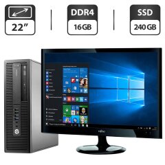 Комплект ПК: HP EliteDesk 800 G2 SFF / Intel Core i5-6400 (4 ядра по 2.7 - 3.3 GHz) / 16 GB DDR4 / 240 GB SSD / Intel HD Graphics 530 / DVD-ROM + Монитор Fujitsu L line SL22W-1 / 22" (1680x1050) TN + Клавиатура, мышка, кабели, блок питания, Windows 11 Pro