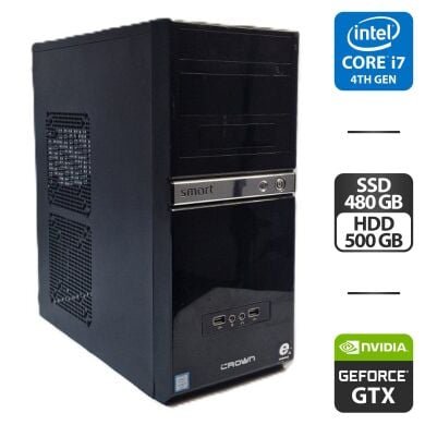 Комп'ютер Crown SM601 Black Tower / Intel Core i7-4790S (4 (8) ядра по 3.2 - 4.0 GHz) / 16 GB DDR3 / 480 GB SSD + 500 GB HDD / nVidia GeForce GTX 1060, 6 GB GDDR5, 192-bit / 400W