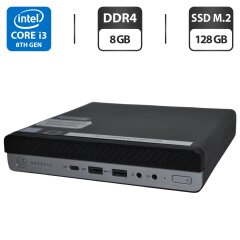 Неттоп HP ProDesk 600 G4 Desktop Mini USFF / Intel Core i3-8100T (4 ядра по 3.1 GHz) / 8 GB DDR4 / 128 GB SSD M.2 / Intel UHD Graphics 630 / Wi-Fi / Bluetooth / Windows 11 Pro + Блок питания / Кабель с DisplayPort на VGA