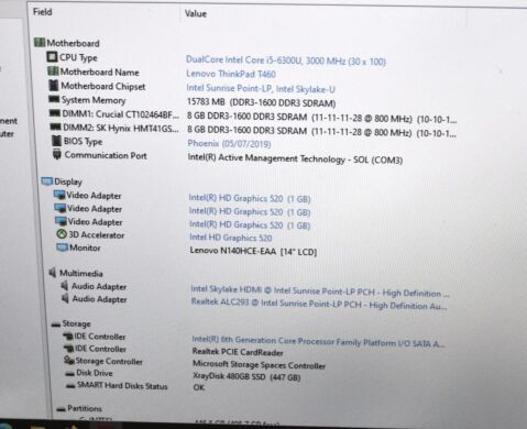 Ультрабук Lenovo ThinkPad T460 / 14" (1920x1080) IPS / Intel Core i5-6300U (2 (4) ядра по 2.4 - 3.0 GHz) / 16 GB DDR3 / 480 GB SSD NEW / Intel HD Graphics 520 / WebCam / Два АКБ / Windows 10 Pro