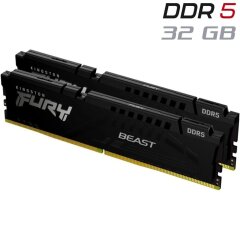 Комплект: Новая оперативная память для ПК Kingston Fury Beast Black / 32 GB (2x16 GB) / 1RX8 PC5-41600 / DDR5 / 5200 MHz