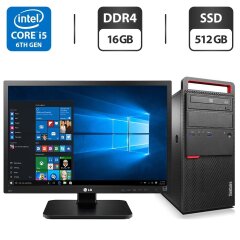 Комплект: Lenovo ThinkCentre M800 Tower / Intel Core i5-6600K (4 ядра по 3.5 - 3.9 GHz) / 16 GB DDR4 / 512 GB SSD / nVidia P106-100, 6 GB GDDR5, 192-bit / DVD-ROM + Монитор LG 24MB37PM-B / 24" (1920x1080) IPS